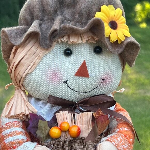 Plaid Apron Girl Scarecrow Shelf Sitter Fall Decor Thanksgiving Decoration Gift - Picture 2 of 4